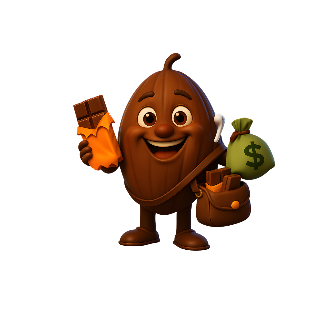 Biz bean archetype holding a chocolate bar, money bag, and wallet.