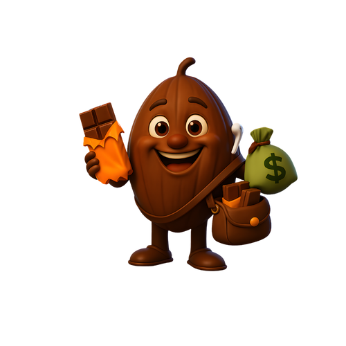 Biz bean archetype holding a chocolate bar, money bag, and wallet.