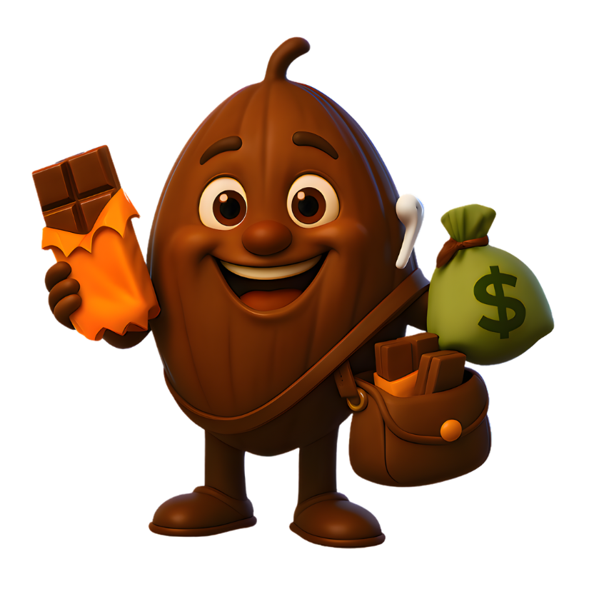 Cacao bean archetype chocolate character holding a bar of chocolate, a bag of money, and a suitcase.