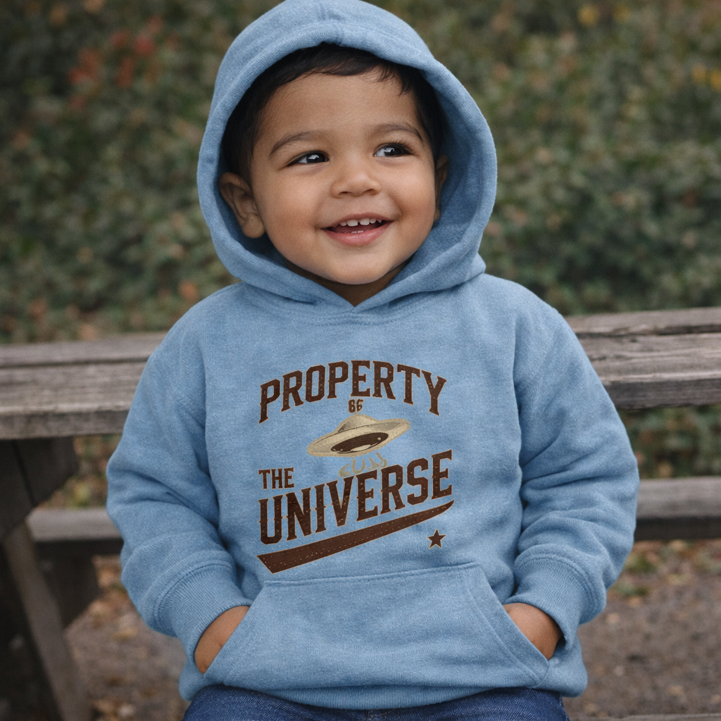 Child wearing a blue hoodie with 'Property of the Universe' text and graphic, sitting outdoors.