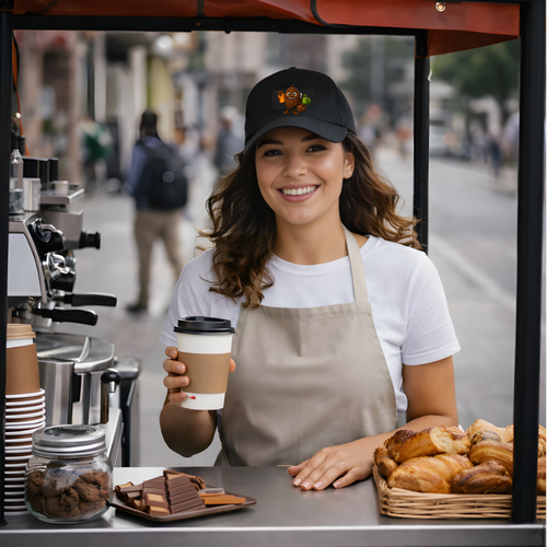 Woman holding a coffee cup behind a food stand with pastries and a smiling face.