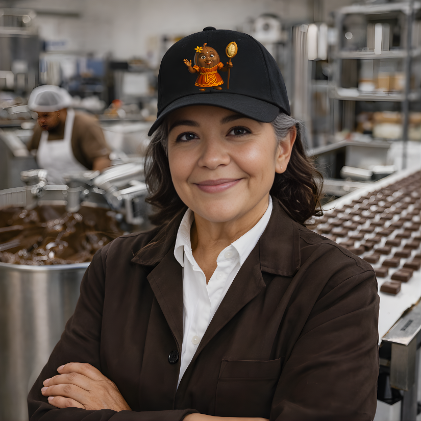 Person wearing a cap with a logo in a chocolate factory setting