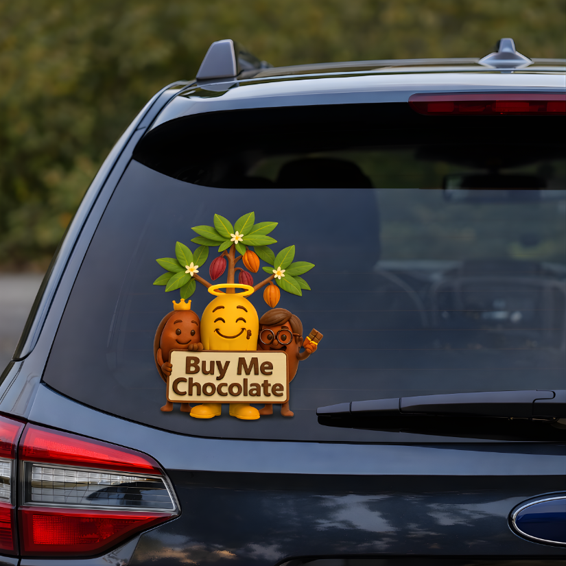 Car decal with cacao archetype characters and 'Buy Me Chocolate' sign on a vehicle's rear window.