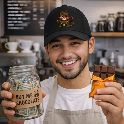 Man in a coffee shop holding a jar labeled 'Buy Me Chocolate' and a chocolate bar.