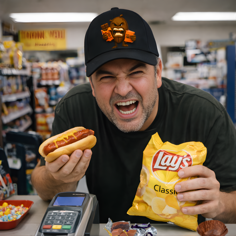 Man in a grocery store holding a hot dog and a bag of Lays chips