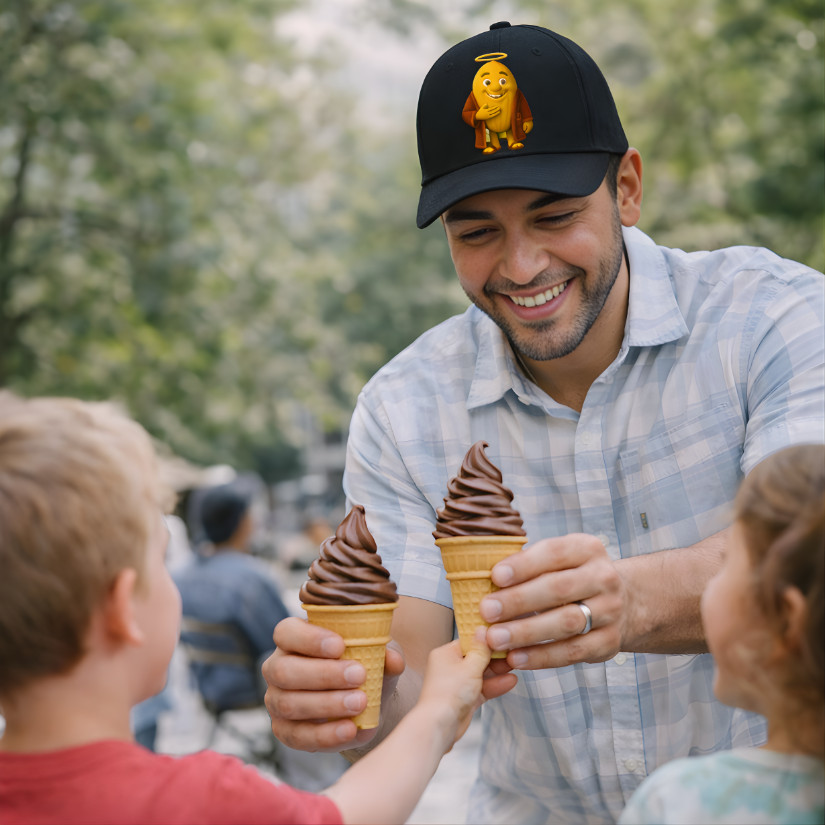 Man in plaid shirt and cap sharing chocolate ice cream cones with two children outdoors.