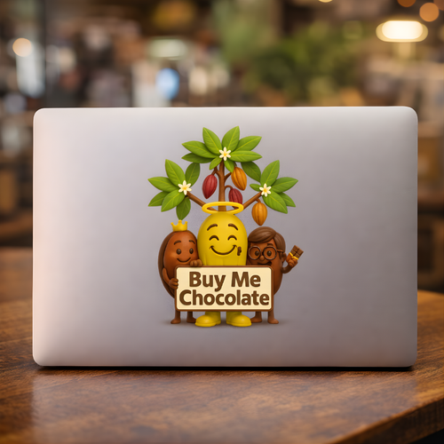 Laptop with a decorative sticker featuring cacao archetype characters and a cacao tree.