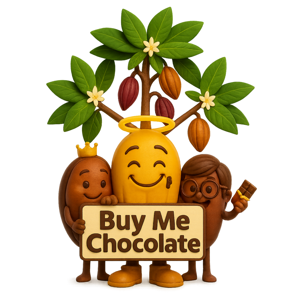 Cacao bean archetype characters holding a 'Buy Me Chocolate' sign with a cacao plant in the background.