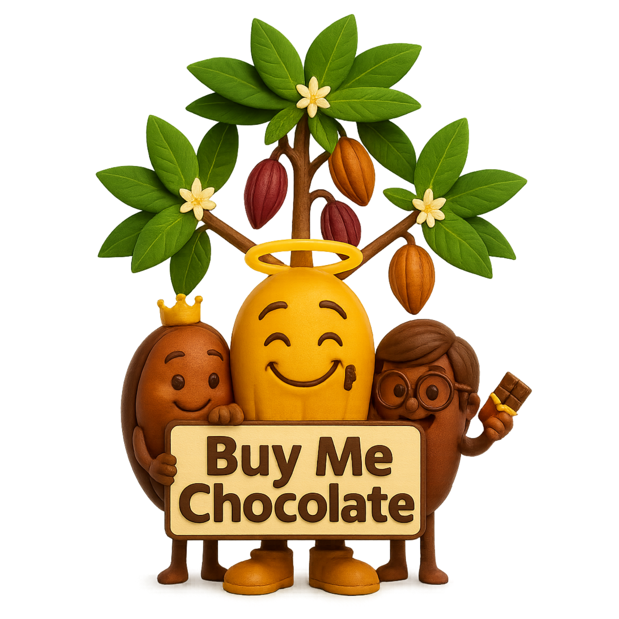 Cacao bean archetype characters holding a 'Buy Me Chocolate' sign with a cacao plant in the background.