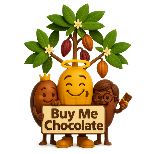 Cacao bean archetype characters holding a 'Buy Me Chocolate' sign with a cacao plant in the background.