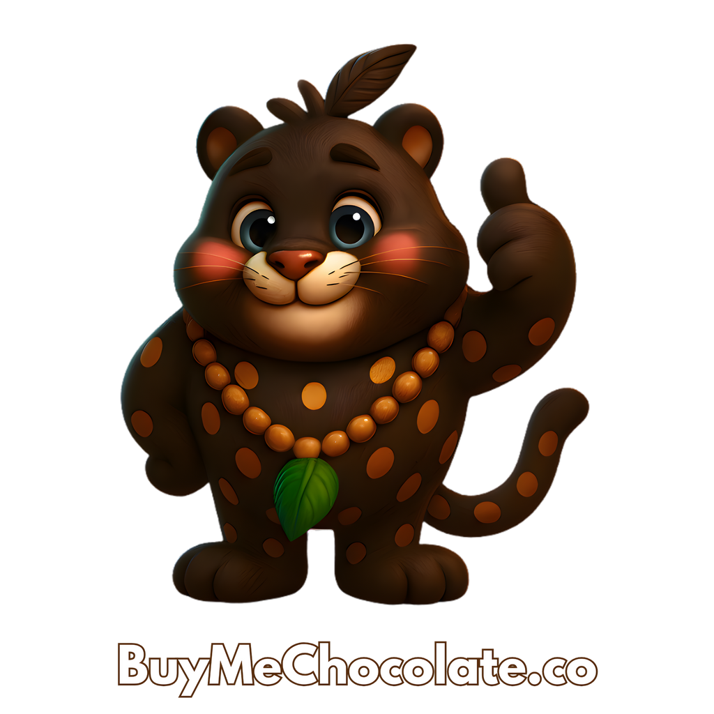 Cacao bean jaguar archetype mascot character with a leaf and beads, brand 'BuyMeChocolate.co' visible