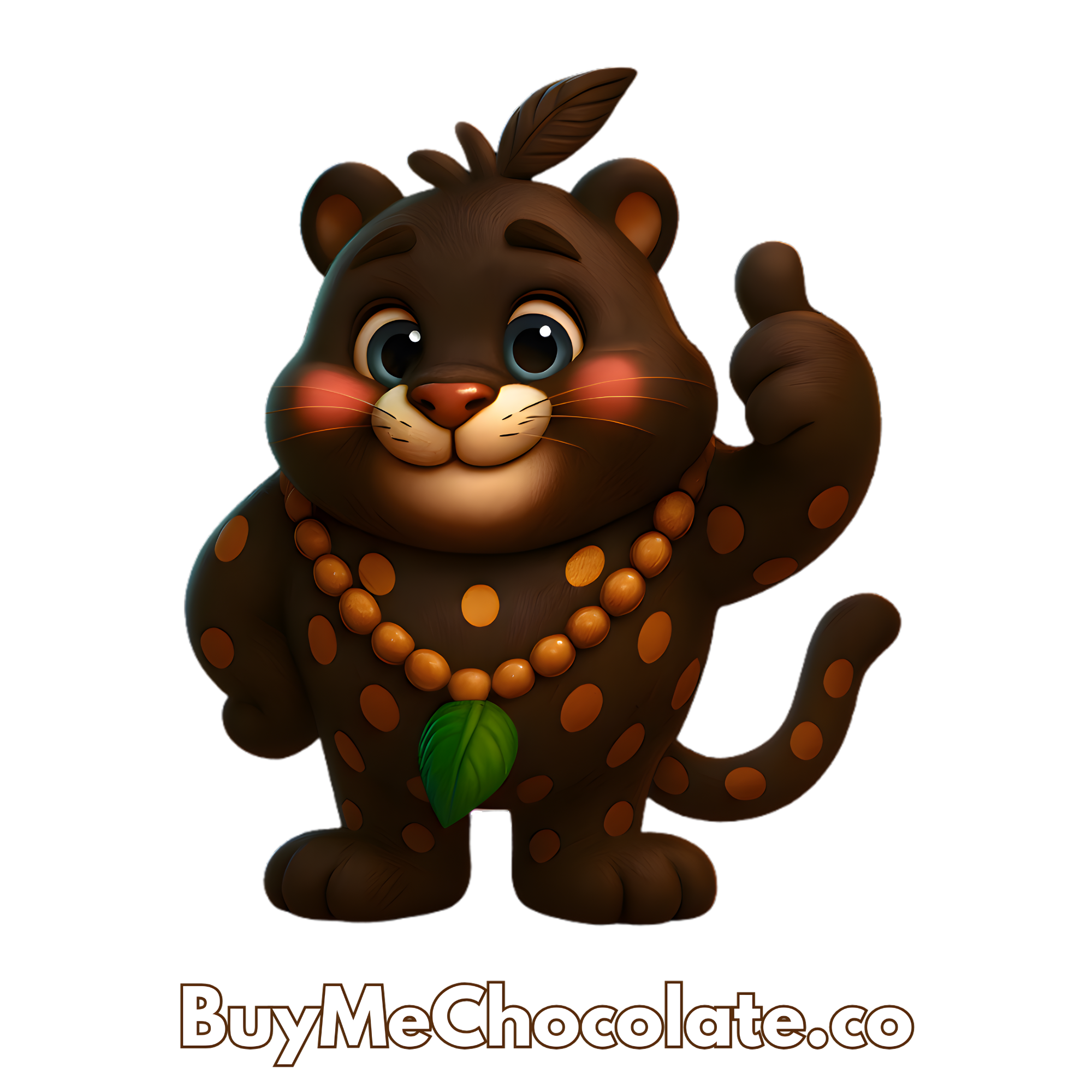 Cacao bean jaguar archetype mascot character with a leaf and beads, brand 'BuyMeChocolate.co' visible