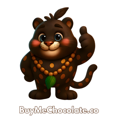 Cacao bean jaguar archetype mascot character with a leaf and beads, brand 'BuyMeChocolate.co' visible