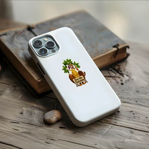 White phone case with cacao bean archetype characters holding sign, Buy e Chocolate.
