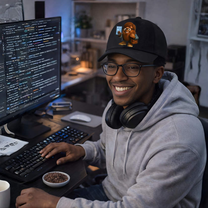 Person sitting at a desk with a computer, wearing a cap and glasses, in a home office setting, eating cacao nibs.