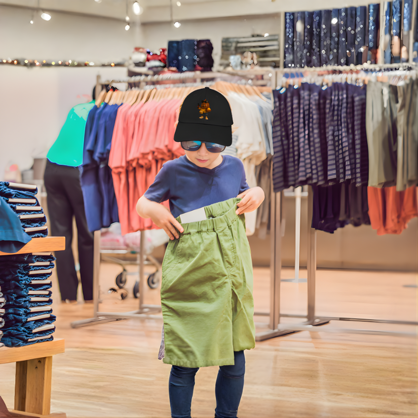 Child trying in a clothing store wearing Trendy Bean Dad hat.