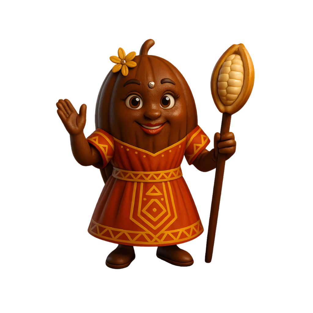 Cacaotess bean archetype in traditional attire holding a staff.