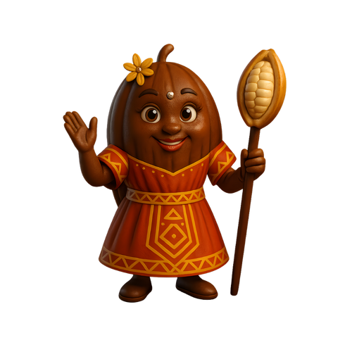 Cacaotess bean archetype in traditional attire holding a staff.