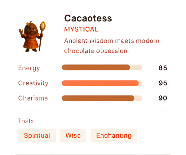 Character profile of Cacaotess with attributes and traits.