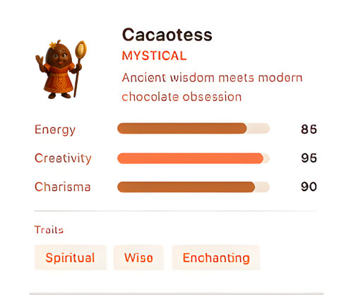 Character profile of Cacaotess with attributes and traits.
