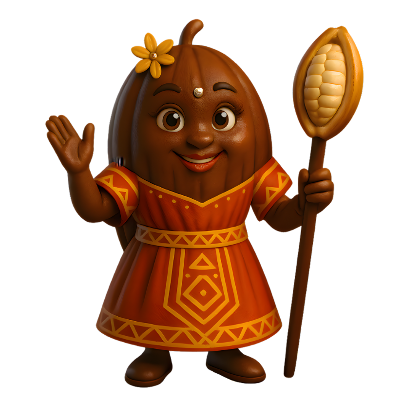 Cacao bean archetype character in traditional attire holding a staff.