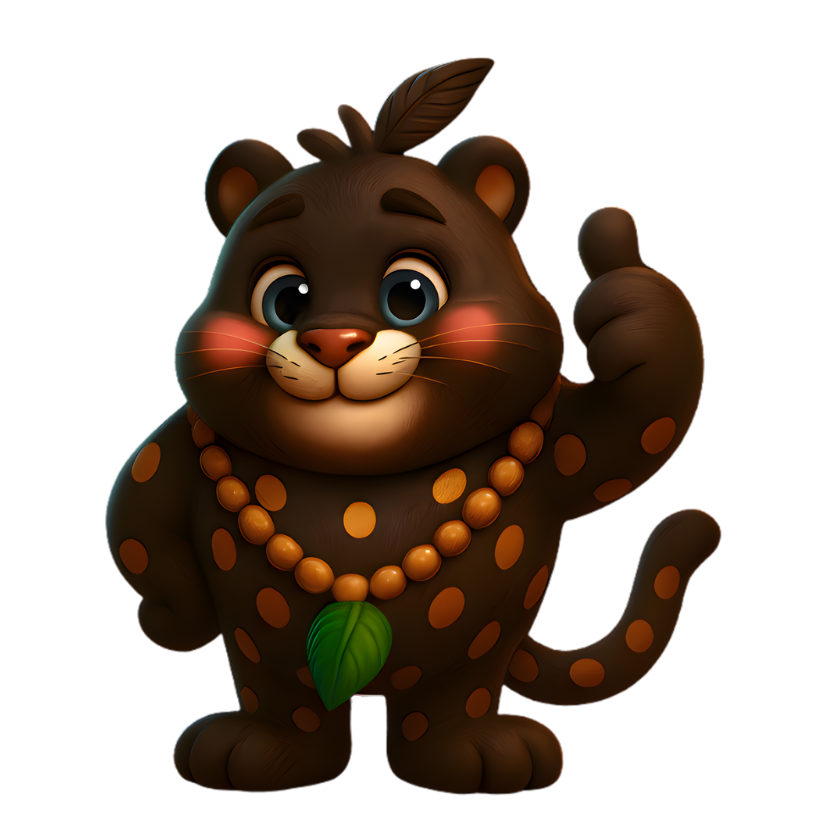 Cacao bean jaguar archetype character with polka dot pattern.