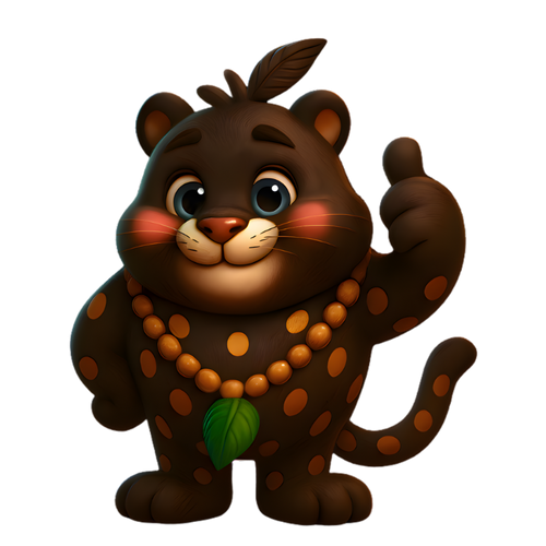 Cacao bean jaguar archetype character with polka dot pattern.