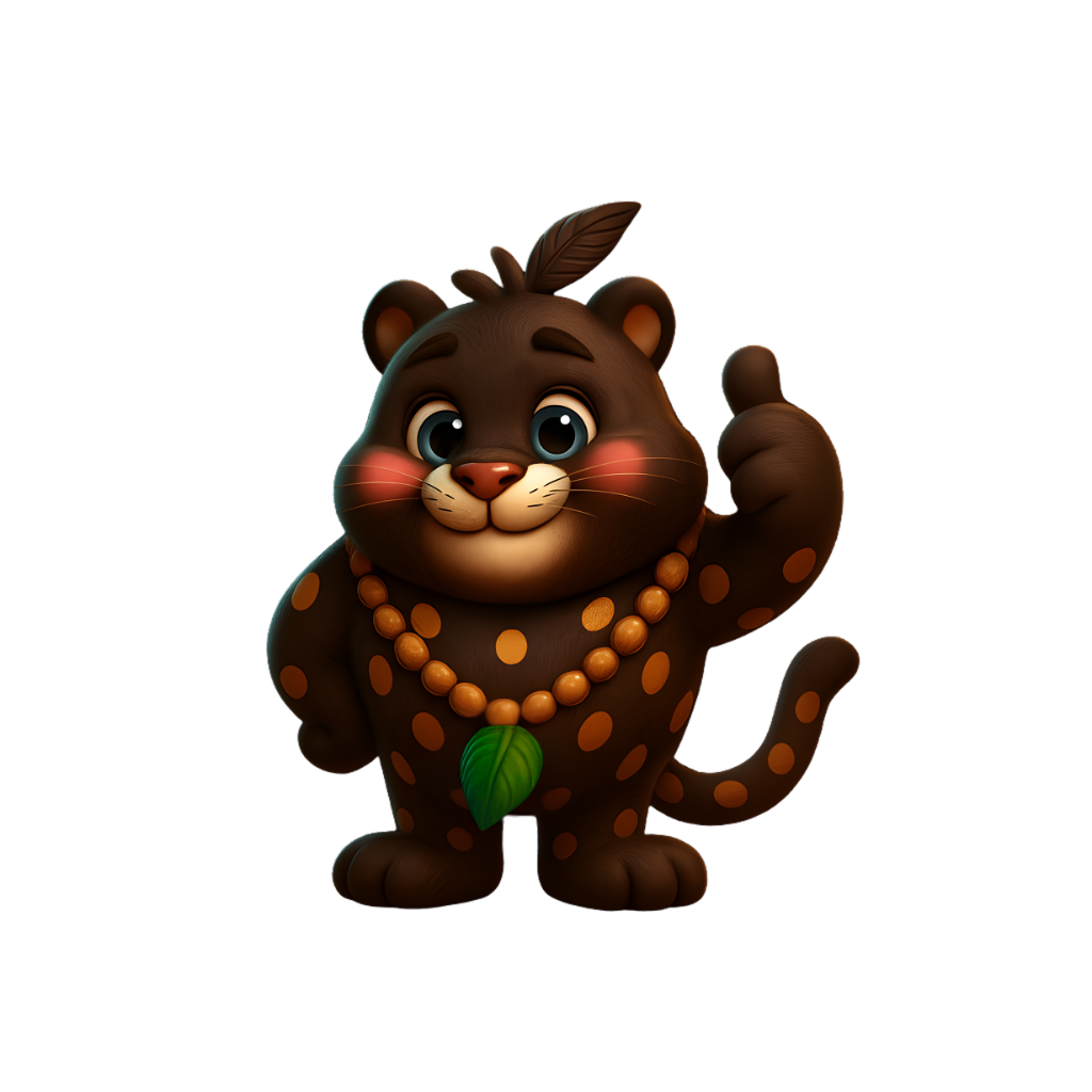 Chocotl jaguar cacao bean archetype with brown fur and polka dot pattern.