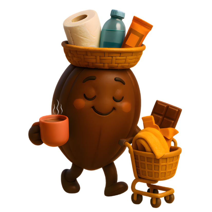 Cacao bean archetype character holding a coffee cup, shopping cart with groceries, and balancing items on its head.