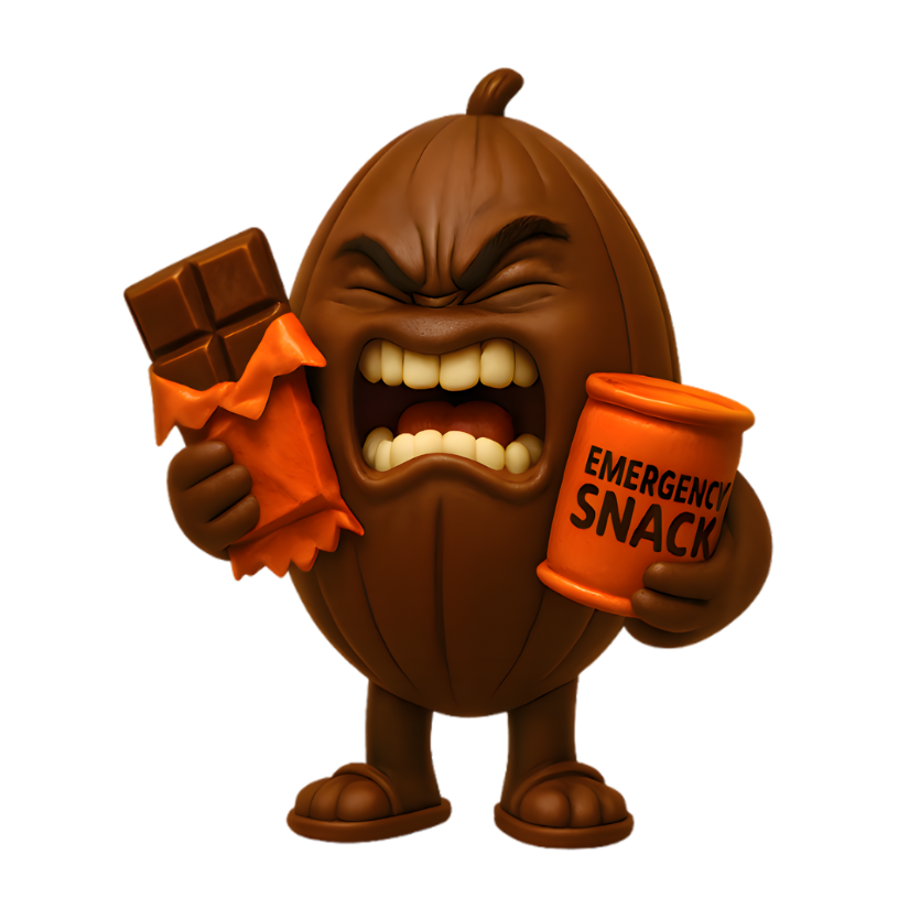 Cacao bean archetype character holding a chocolate bar and an 'Emergency Snacks' container.