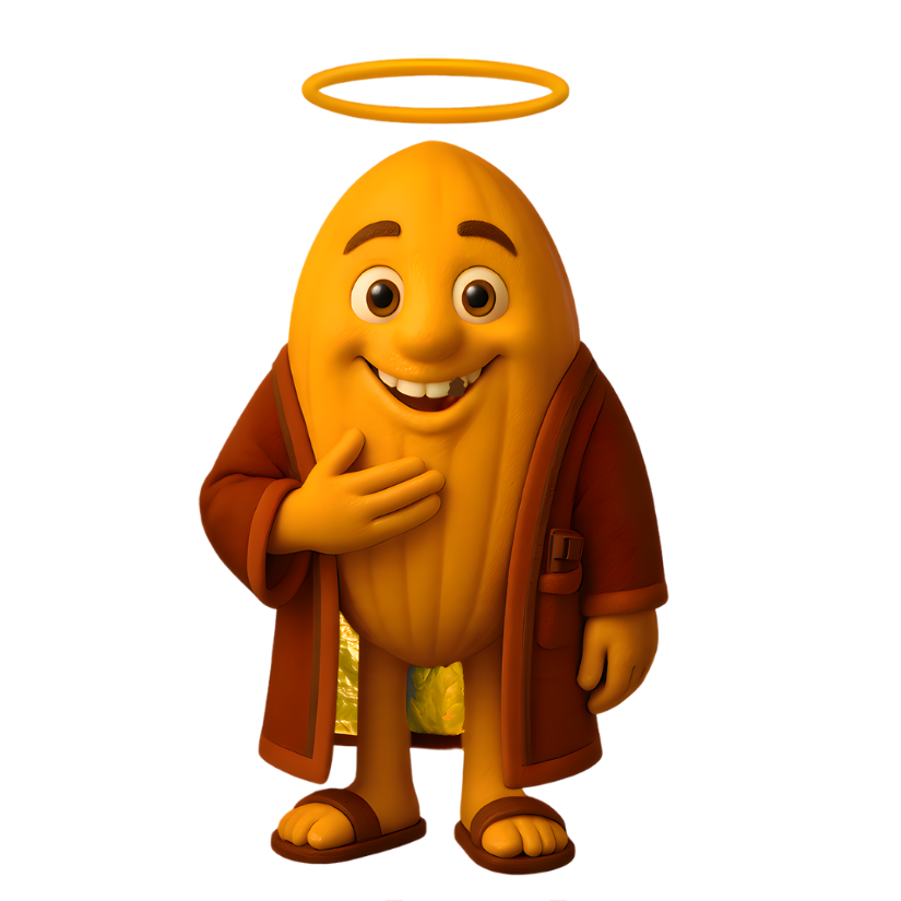 Cacao bean archetype character with a halo and chocolate wrapper coat.