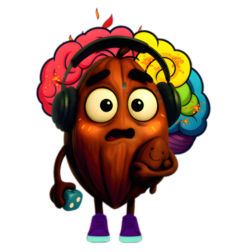 Cacao bean archetype character with a colorful brain, headphones, and a dice fidget toy.