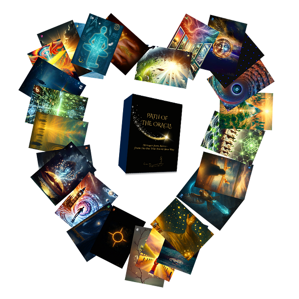Collection of oracle cards and a box titled 'Path of the Oracle' arranged in a circular pattern.