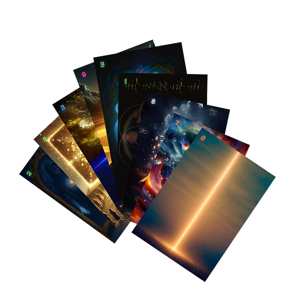 Collection of universe-themed oracle cards with various designs.