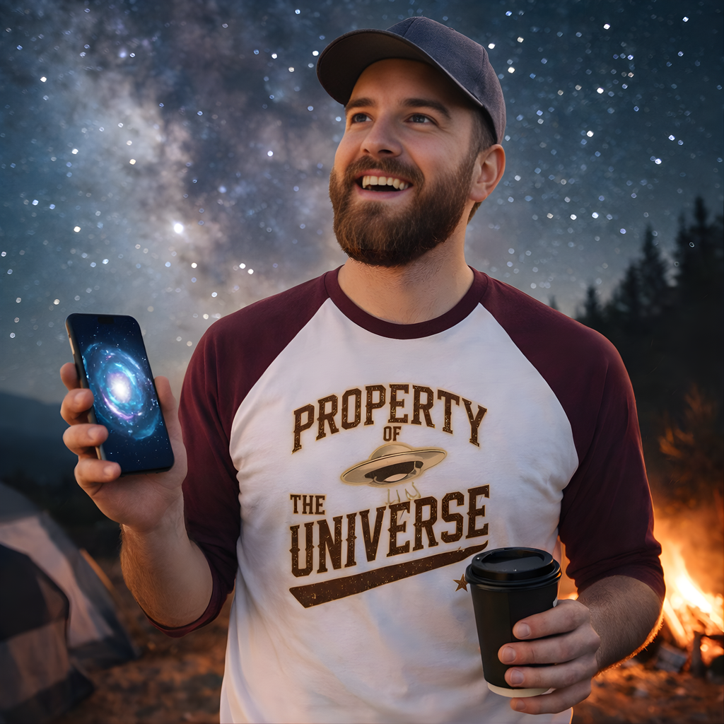 Man holding a phone with a galaxy with UFO image and a coffee cup, standing in front of a campfire and starry night sky.