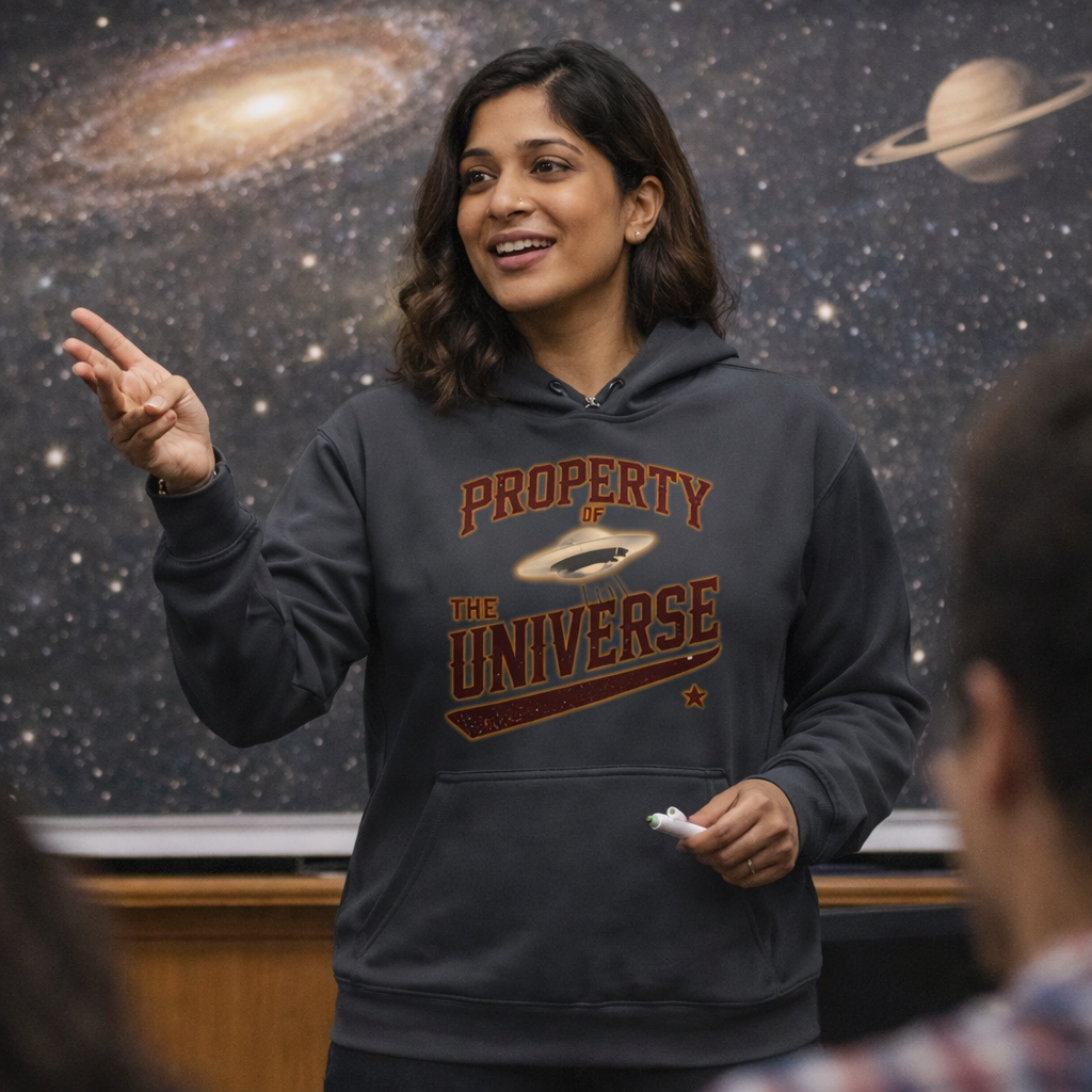 Person wearing a hoodie with 'Property of the Universe' text in front of a space-themed background
