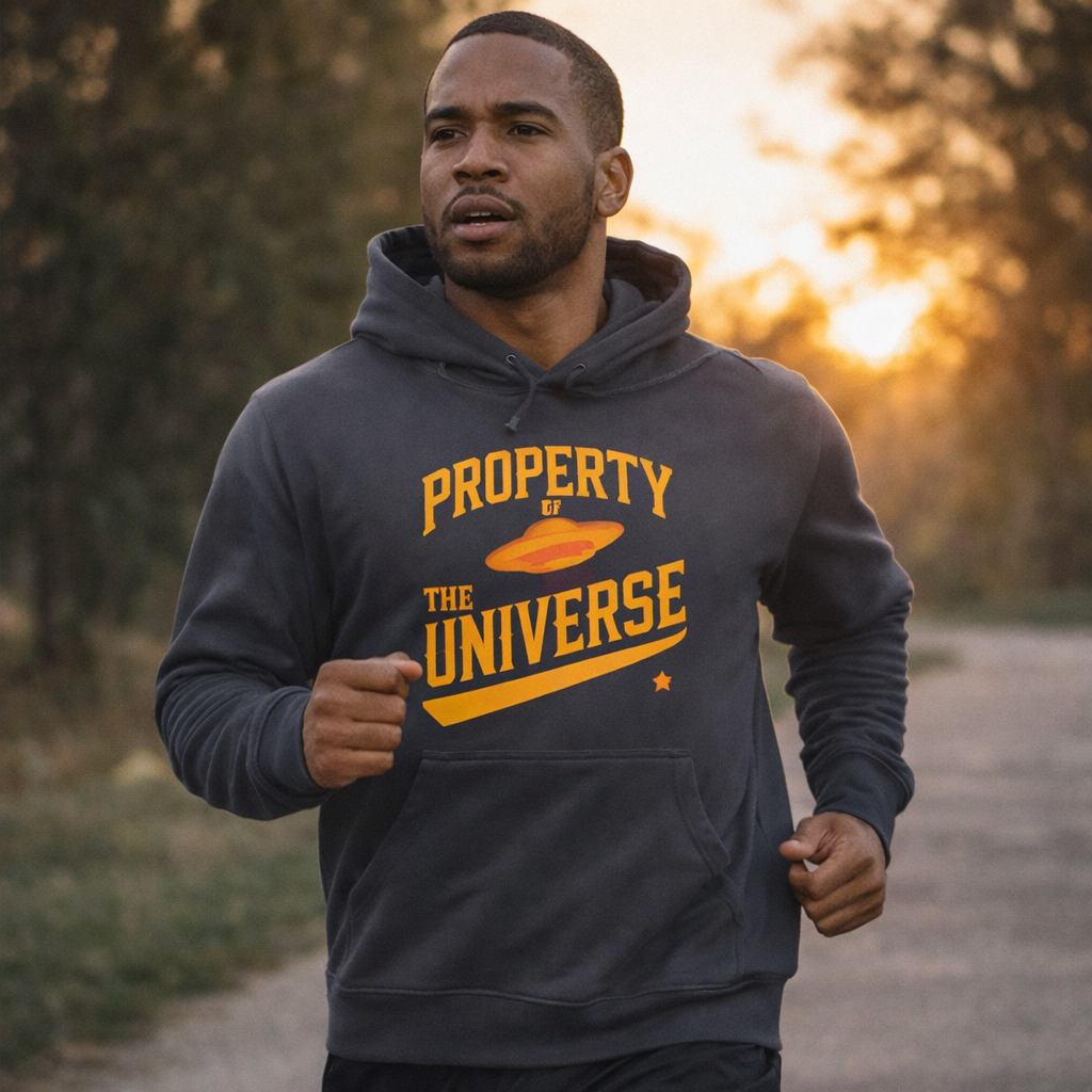 Man wearing a hoodie with 'Property of the Universe' text outdoors.