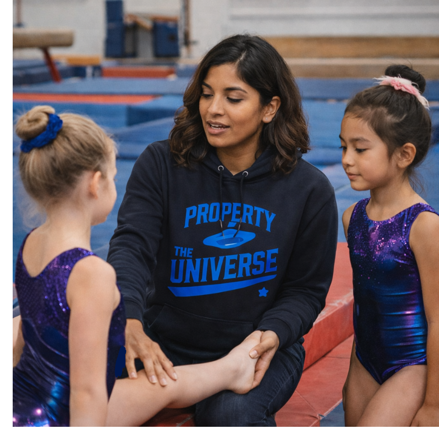 Coach in a gym setting with two young gymnasts, wearing a hoodie with, 'Property of The Universe' text.