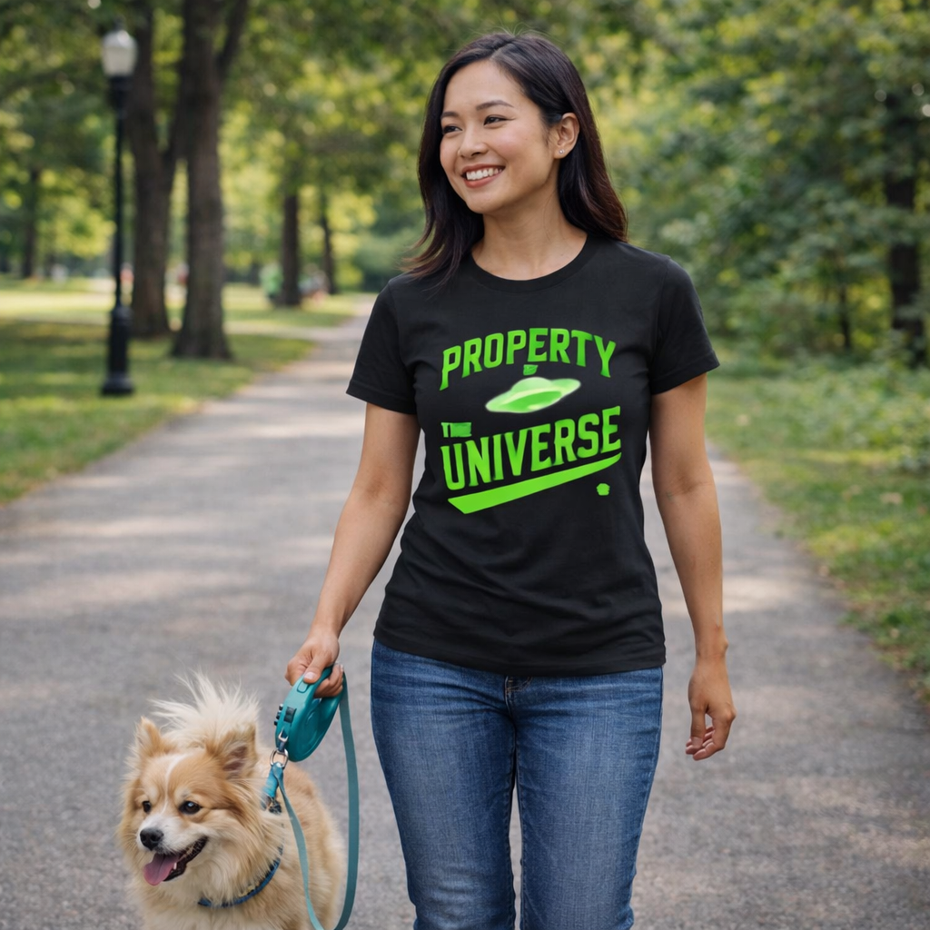 Woman walking a dog in a park wearing a black t-shirt with green text.