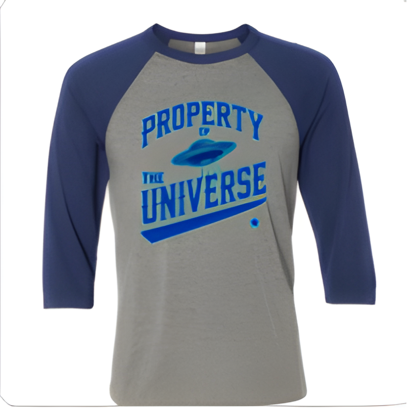 Gray and blue baseball shirt with 'Property of the Universe' text and UFO graphic.