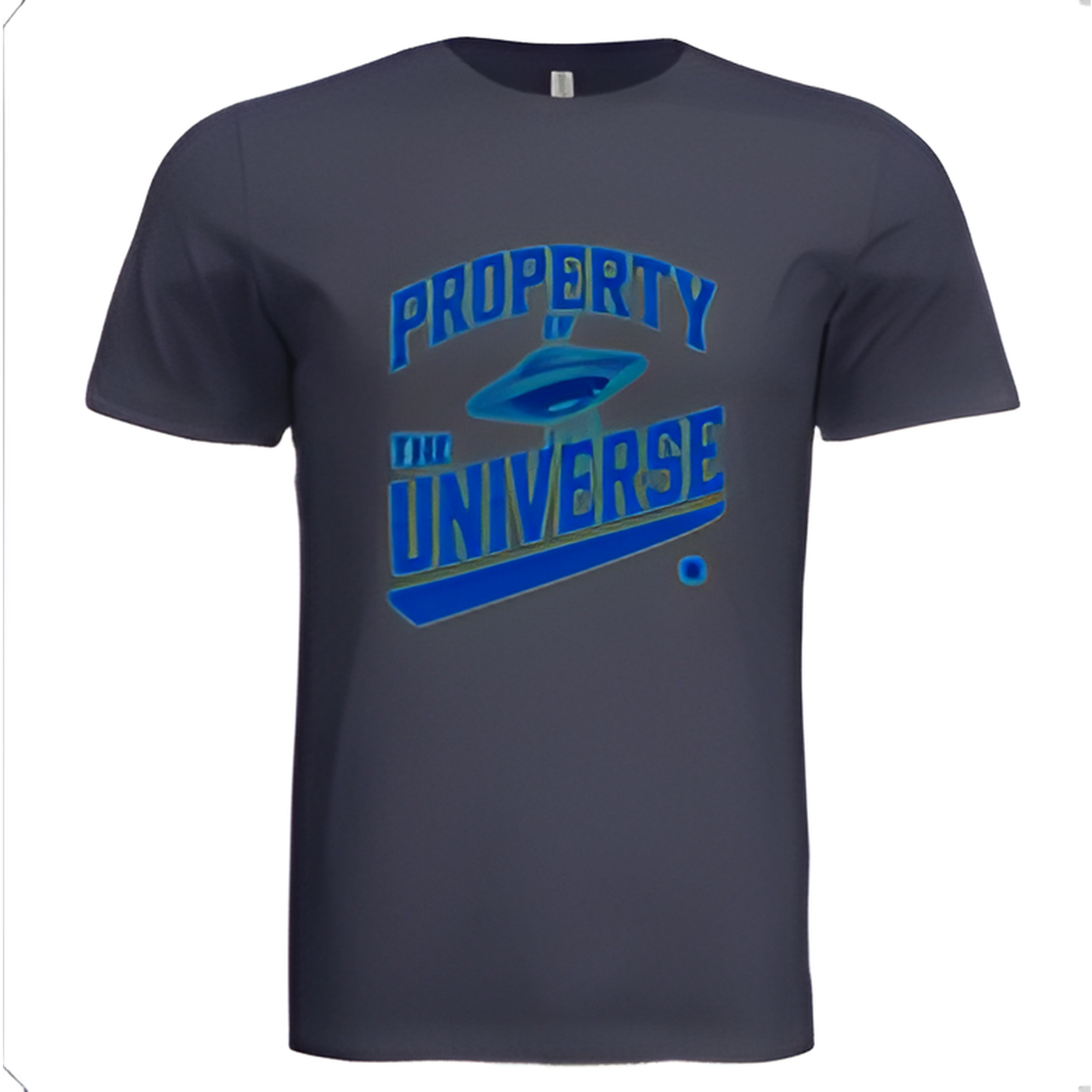 Gray t-shirt with blue graphic and text 'PROPERTY OF THE UNIVERSE.'