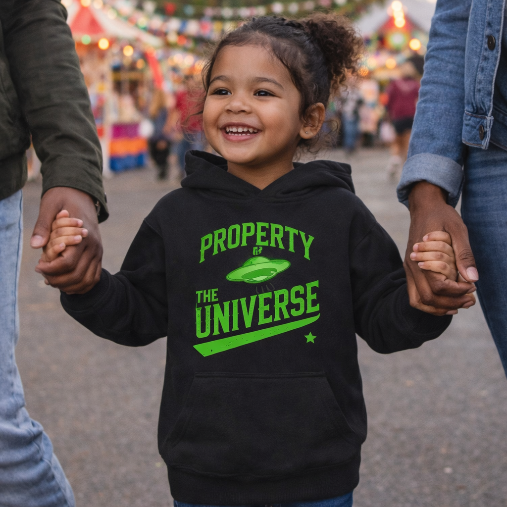 Child wearing a hoodie with 'Property of the Universe' text at an outdoor event.