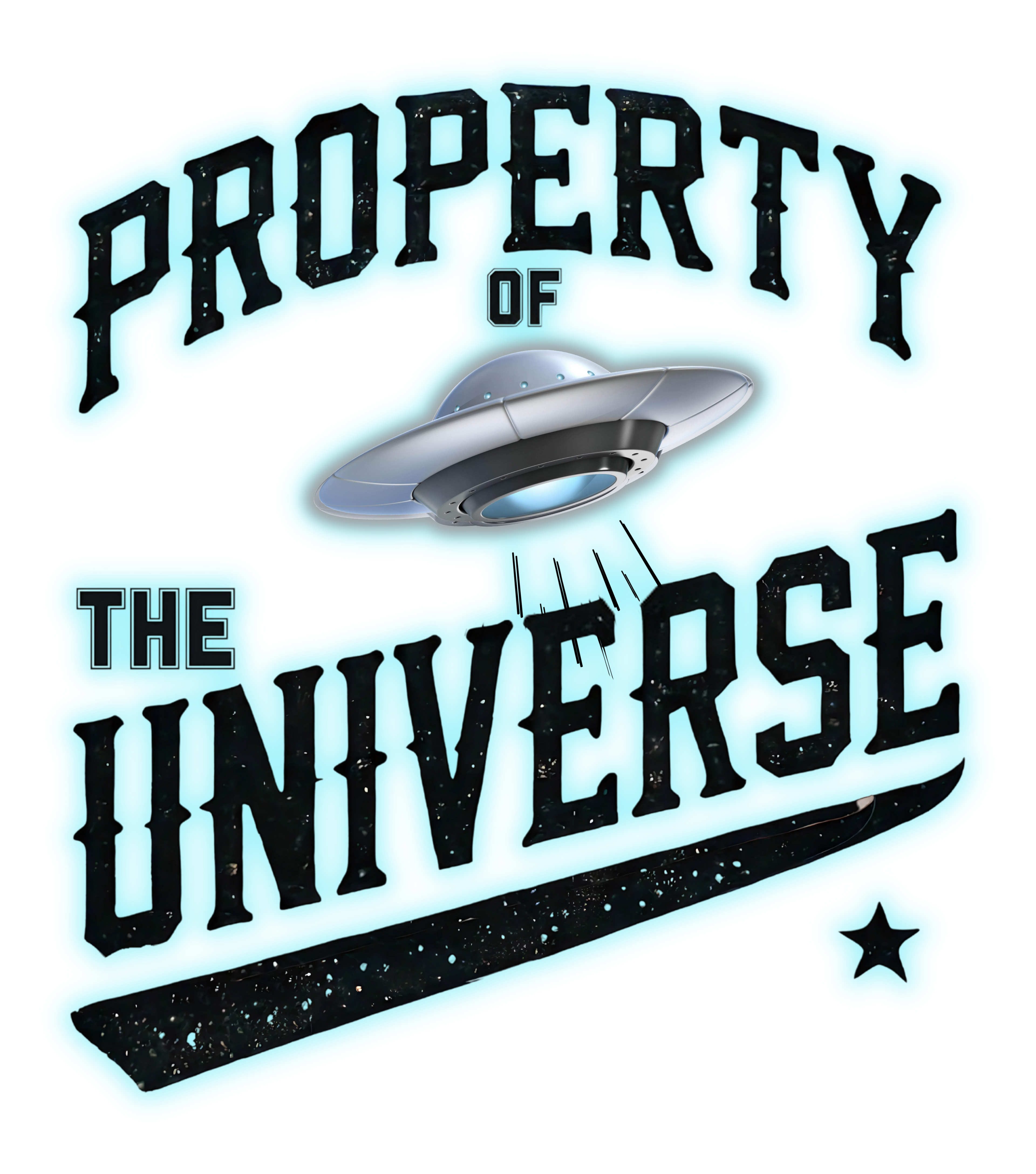Logo with 'Property of the Universe' text and a UFO, on a light blue background.