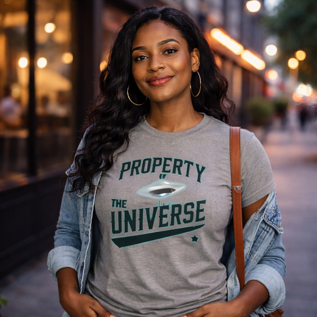 Woman wearing a gray t-shirt with 'Property of the Universe' text on a city street.