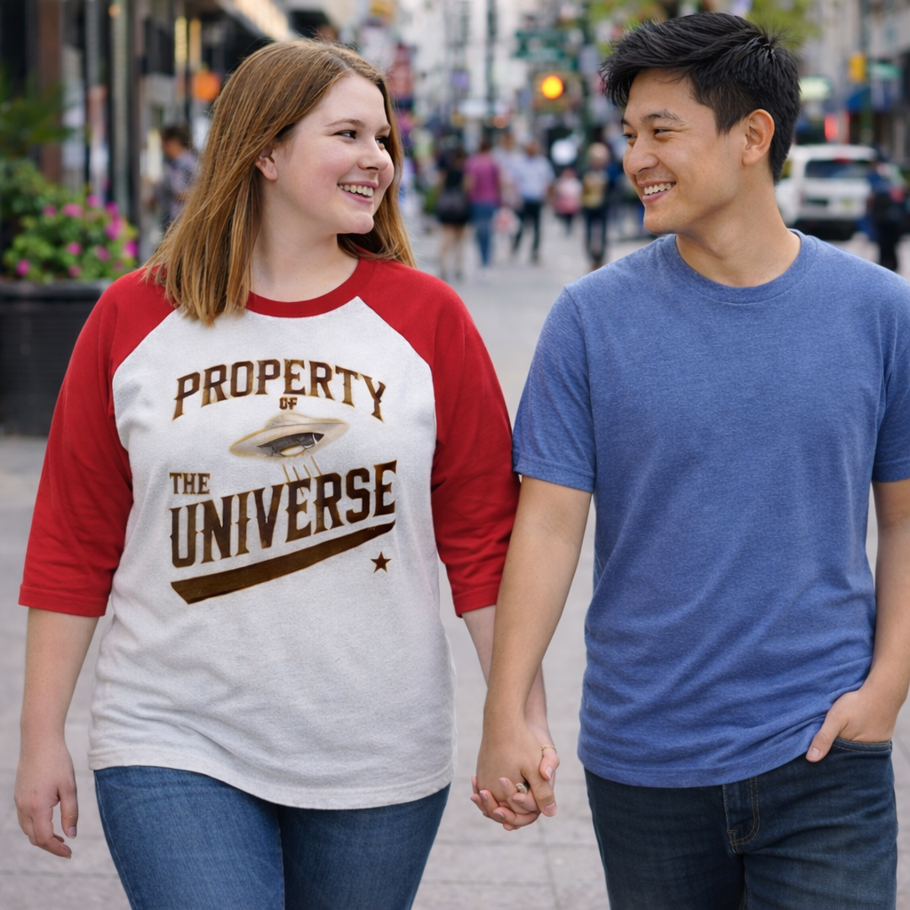 Two people holding hands on a city street, one wearing a 'Property of the Universe' shirt.