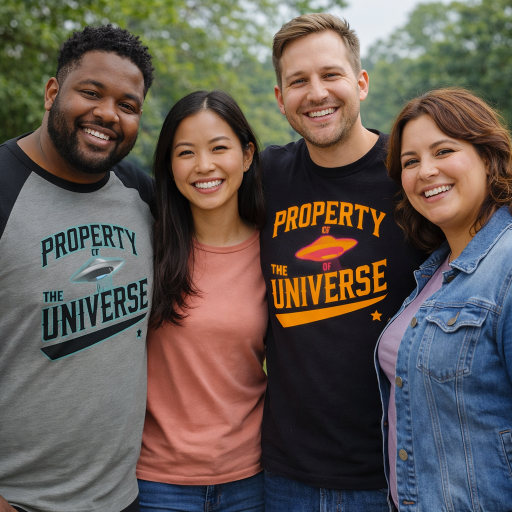Four friends posing together outdoors, wearing 'Property of the Universe' shirts.