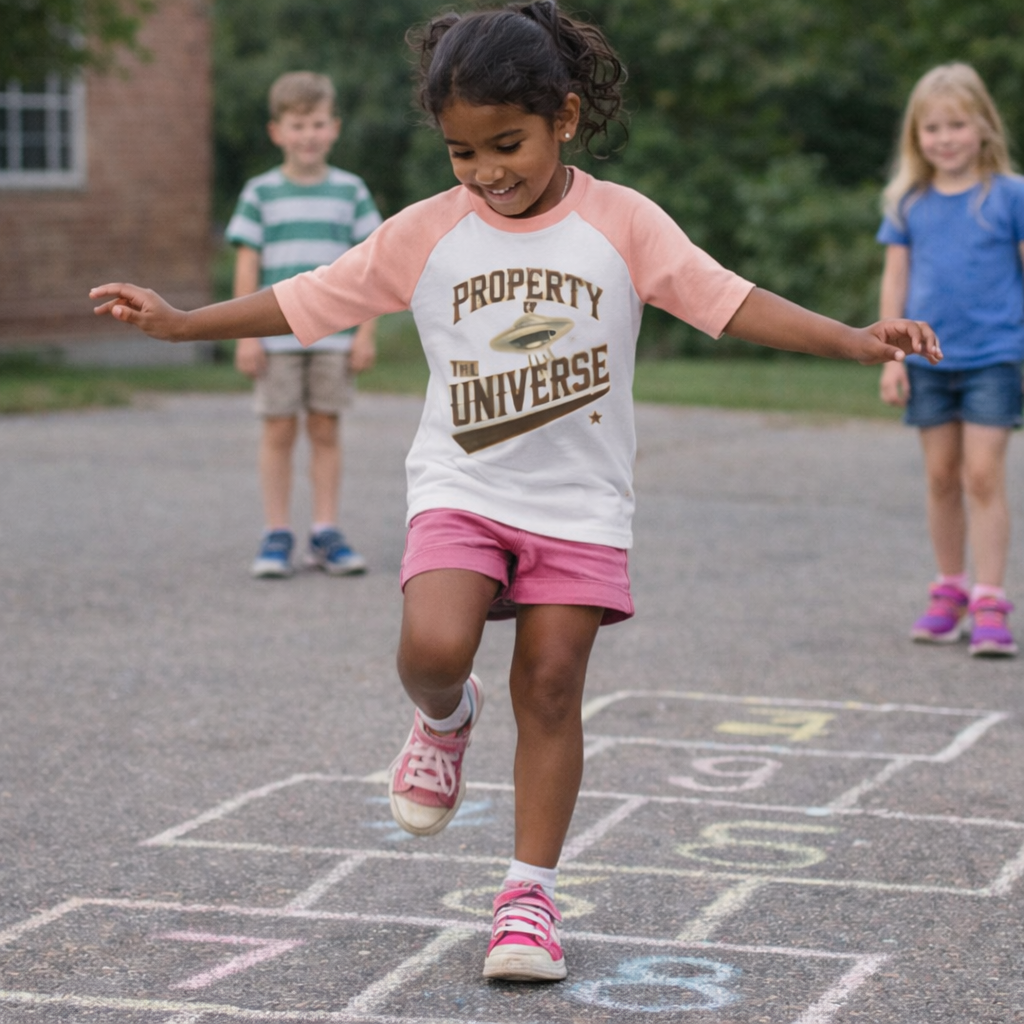 Child playing hopscotch on a driveway with friends in the background.