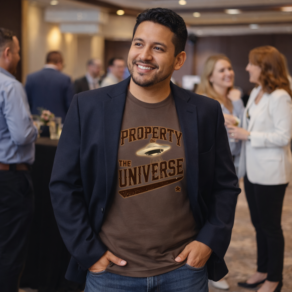Man wearing a brown 'Property of the Universe' t-shirt in a social setting with blurred people in the background.
