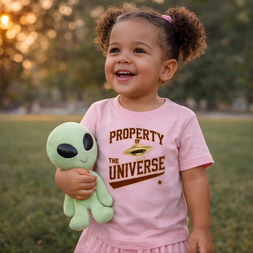Toddler girl holding a plush alien toy outdoors, wearing a Property of The Universe t-shirt.