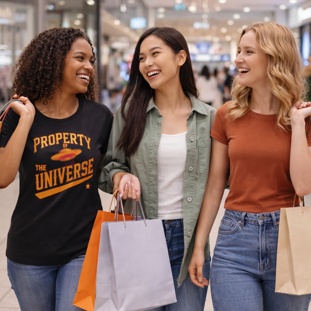 Three women walking together in a shopping mall, holding bags and smiling.